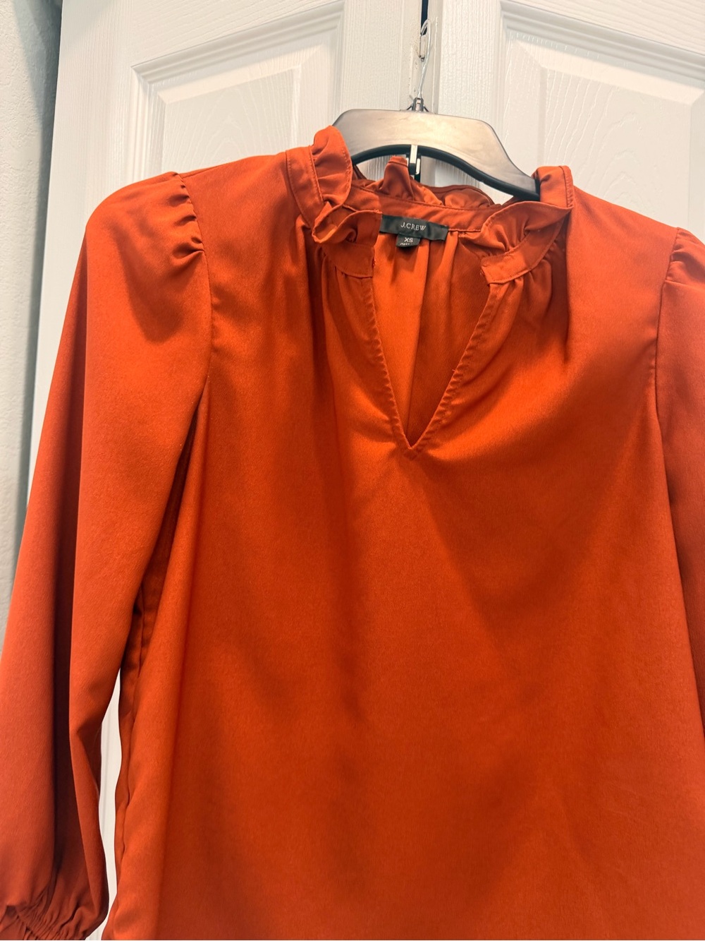 JCrew Ruffle Neck Long Sleeve Blouse in Burnt Orange